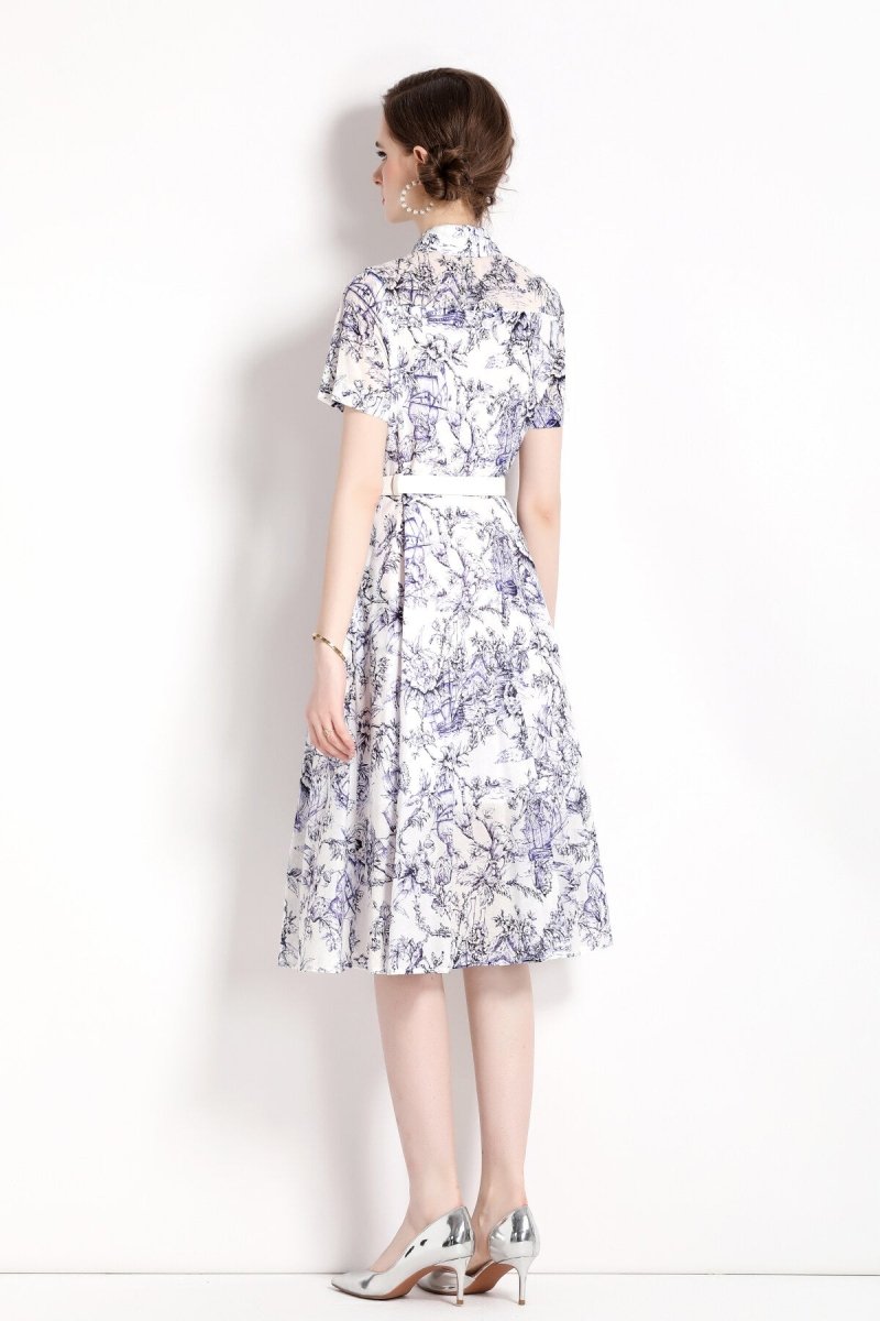 natural forest waist cinching flared work shirt dress all blue 4