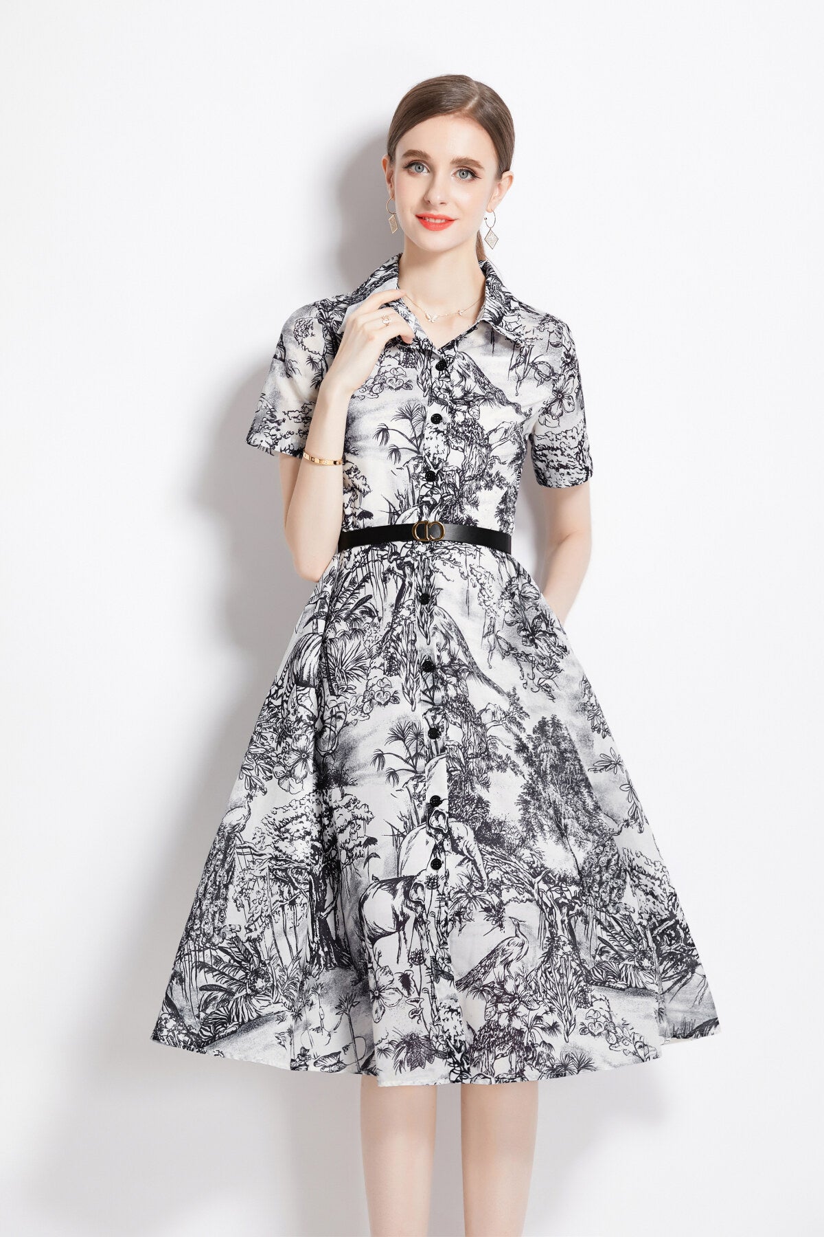 natural forest waist cinching flared work shirt dress all black 2