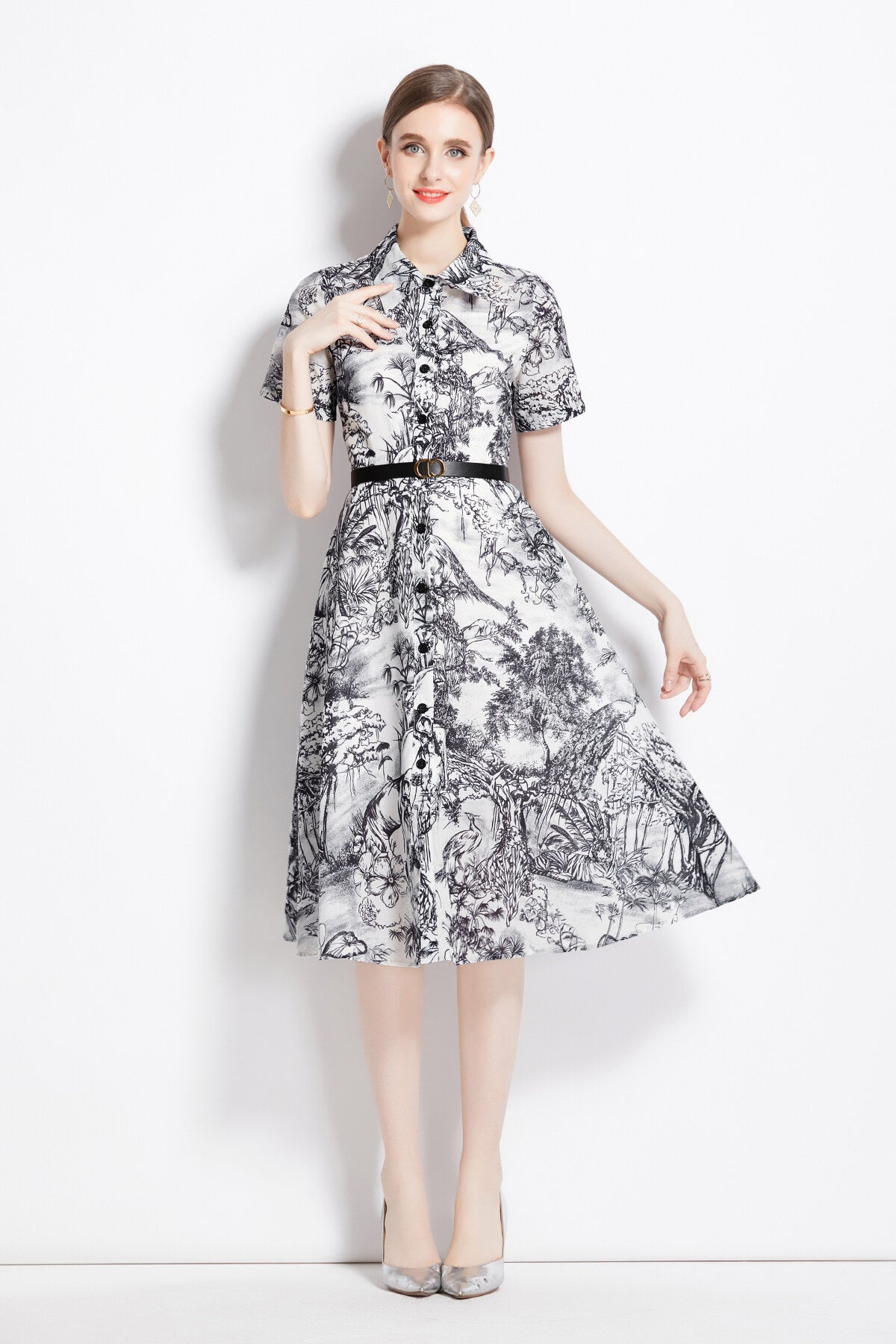 natural forest waist cinching flared work shirt dress all black 3