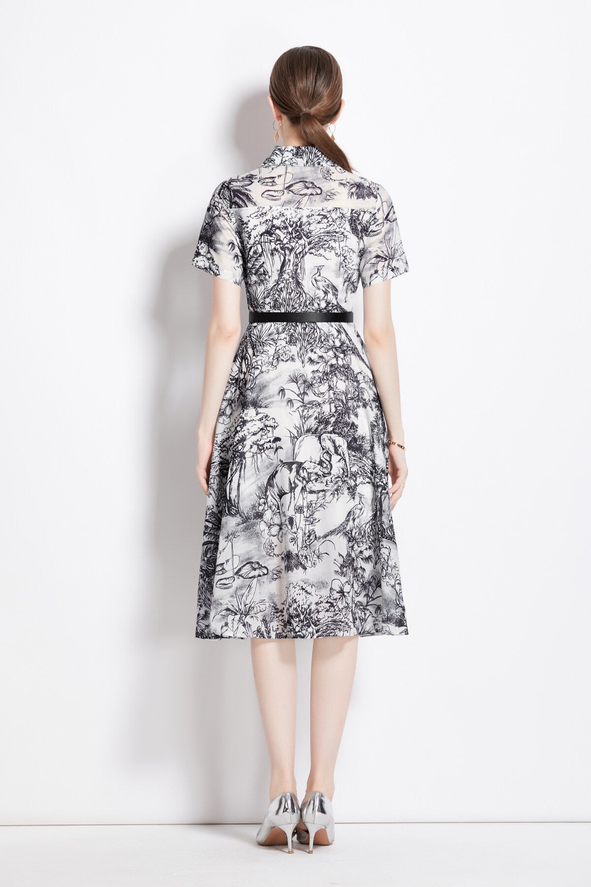 natural forest waist cinching flared work shirt dress all black 4