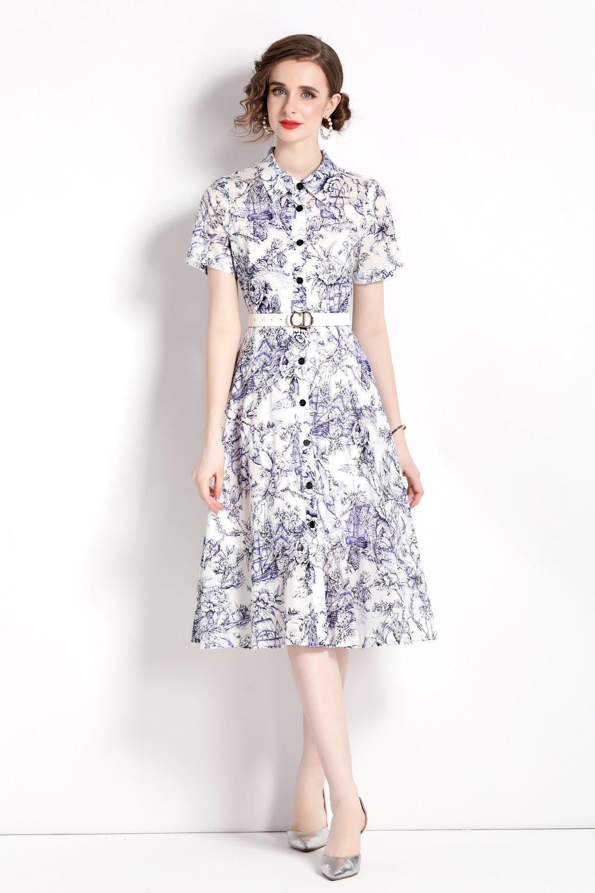 natural forest waist cinching flared work shirt dress all blue 1