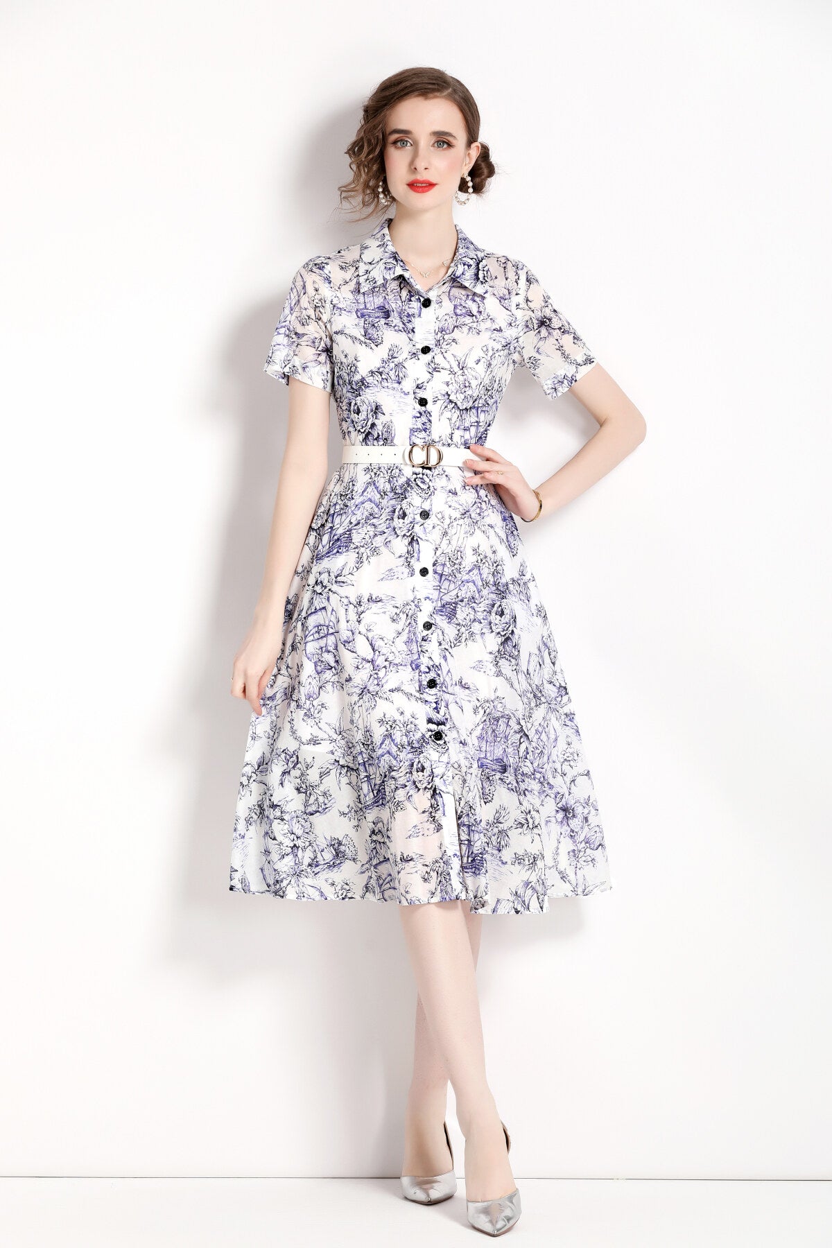 natural forest waist cinching flared work shirt dress all blue 2