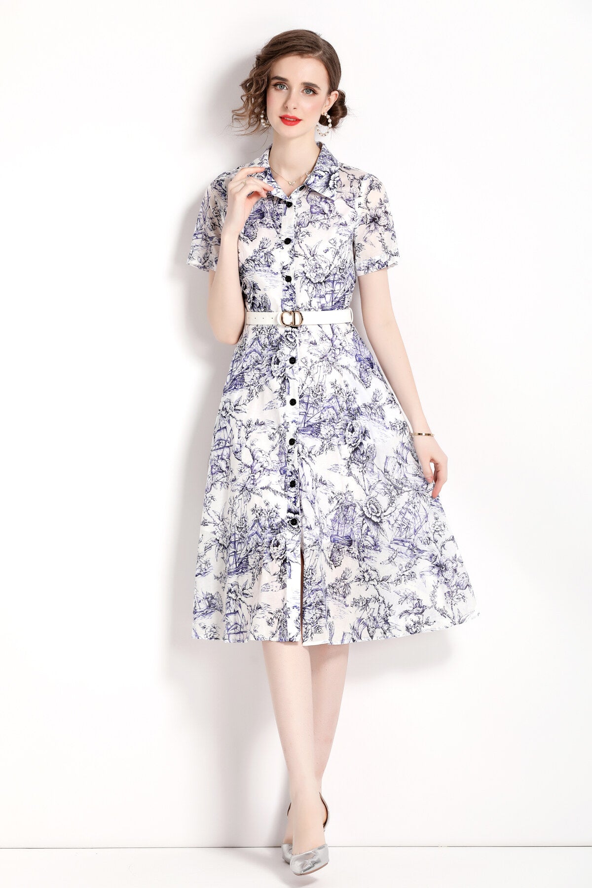 natural forest waist cinching flared work shirt dress all blue 3