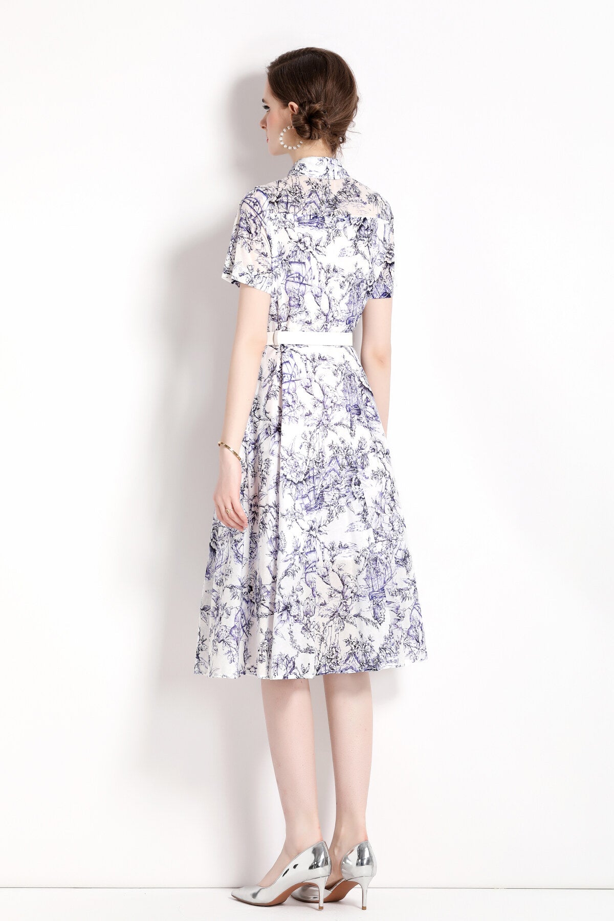 natural forest waist cinching flared work shirt dress all blue 4