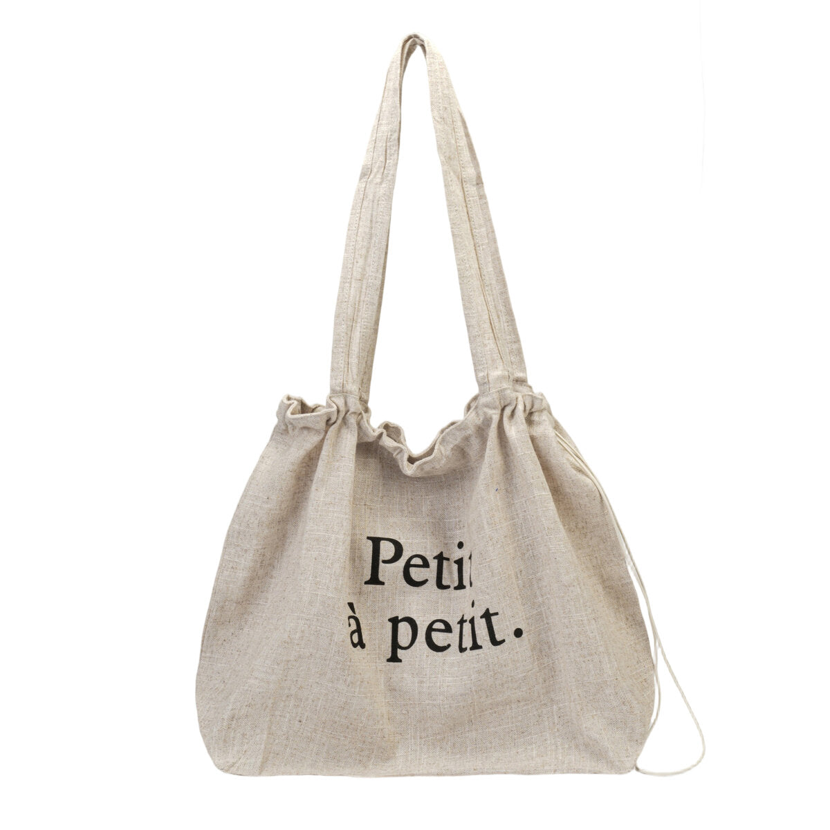 Natural Linen Oversized “Petit à petit.” Drawstring Tote Bag – Large Capacity Slouchy Shoulder Handbag