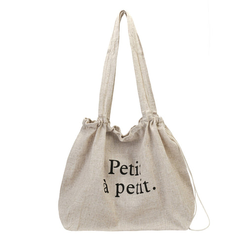 Natural Linen Oversized “Petit à petit.” Drawstring Tote Bag – Large Capacity Slouchy Shoulder Handbag
