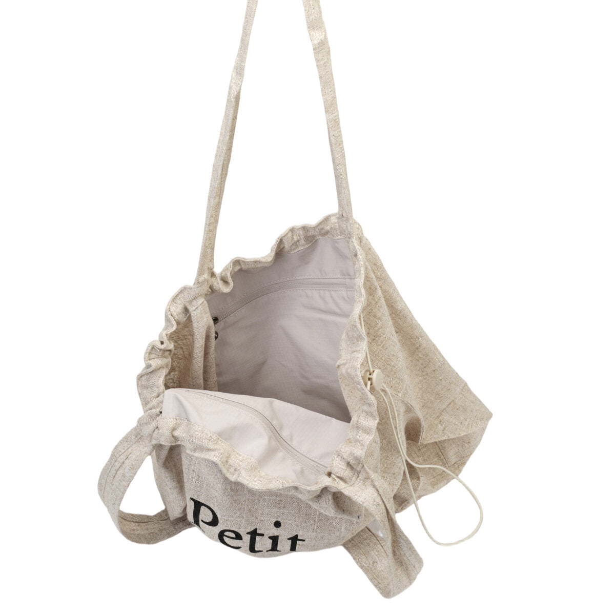 Natural Linen Oversized “Petit à petit.” Drawstring Tote Bag – Large Capacity Slouchy Shoulder Handbag