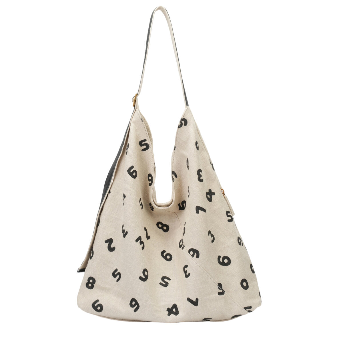 Natural Ramie Oversized Hobo Tote Bag with Number Print & Leather Strap – Ultra-Light Slouchy Shoulder Bag