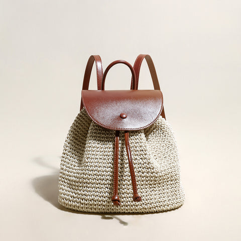 Natural White Cotton Woven Backpack with Leather Straps