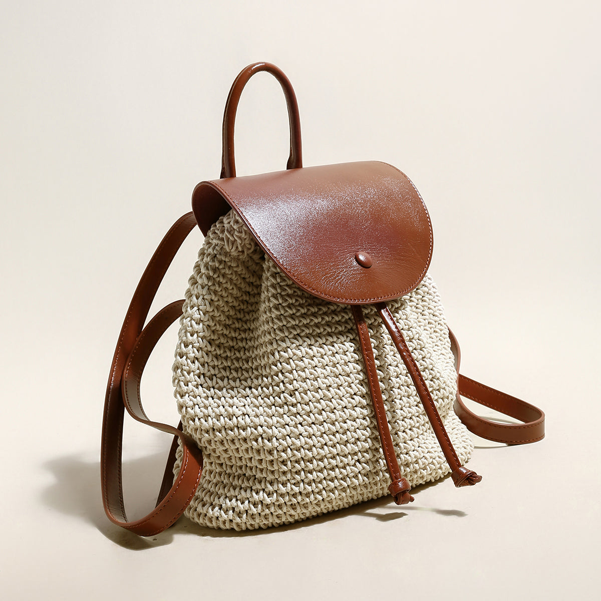 natural white cotton woven backpack with leather straps white 2