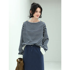 Nautical Boat Neck Wide Sleeved Striped Sweater