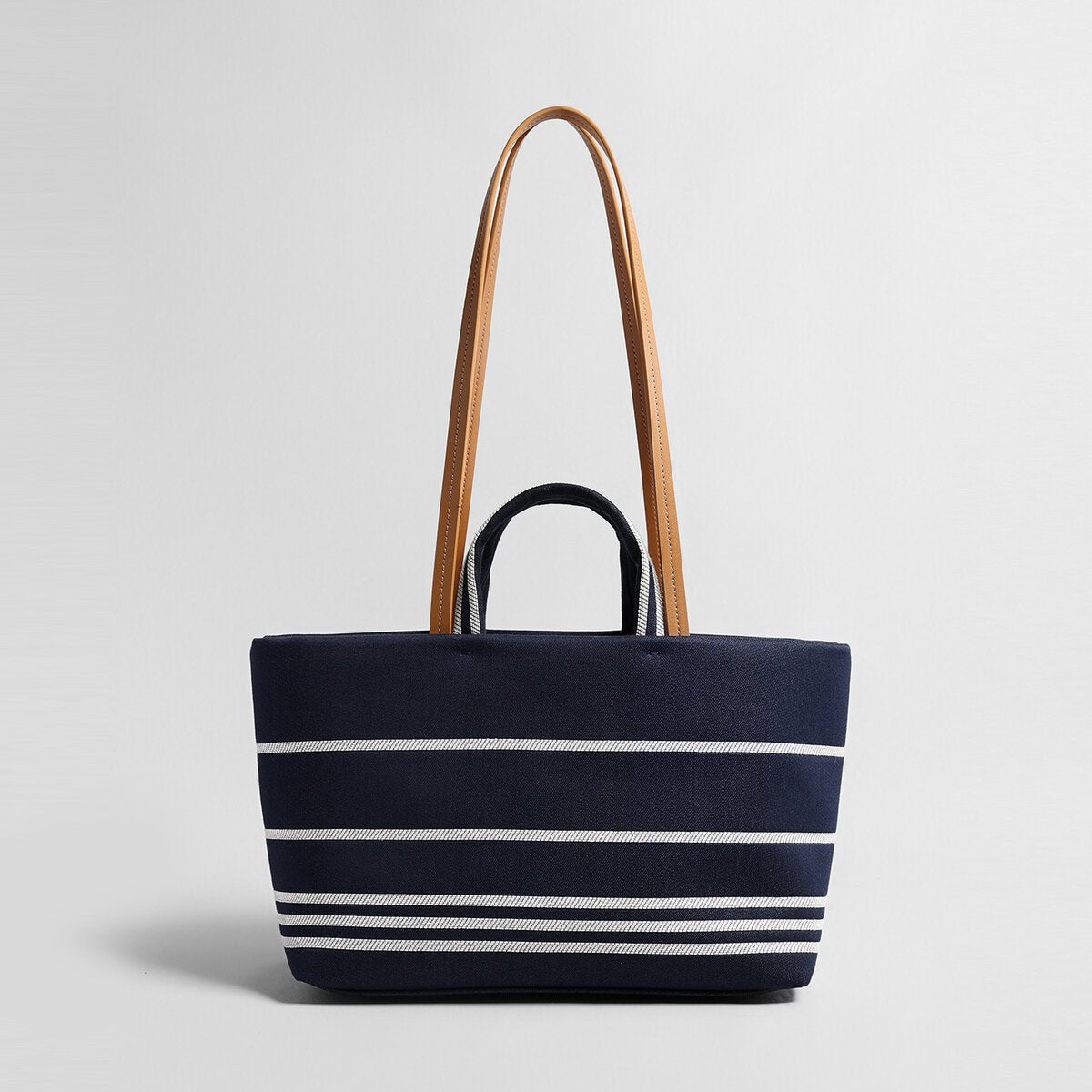 Nautical Striped Canvas Tote Bag – Navy Denim Leather Trim Oversized Shoulder Tote