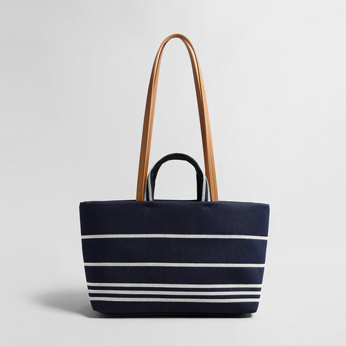 Nautical Striped Canvas Tote Bag – Navy Denim Leather Trim Oversized Shoulder Tote