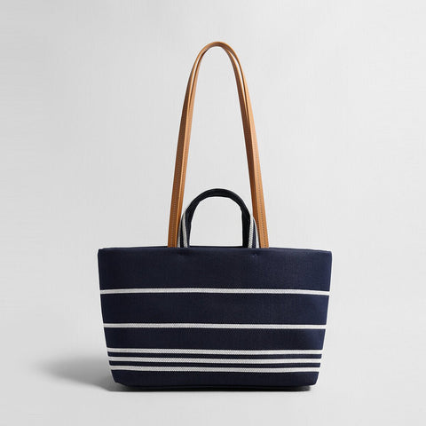 Nautical Striped Canvas Tote Bag – Navy Denim Leather Trim Oversized Shoulder Tote