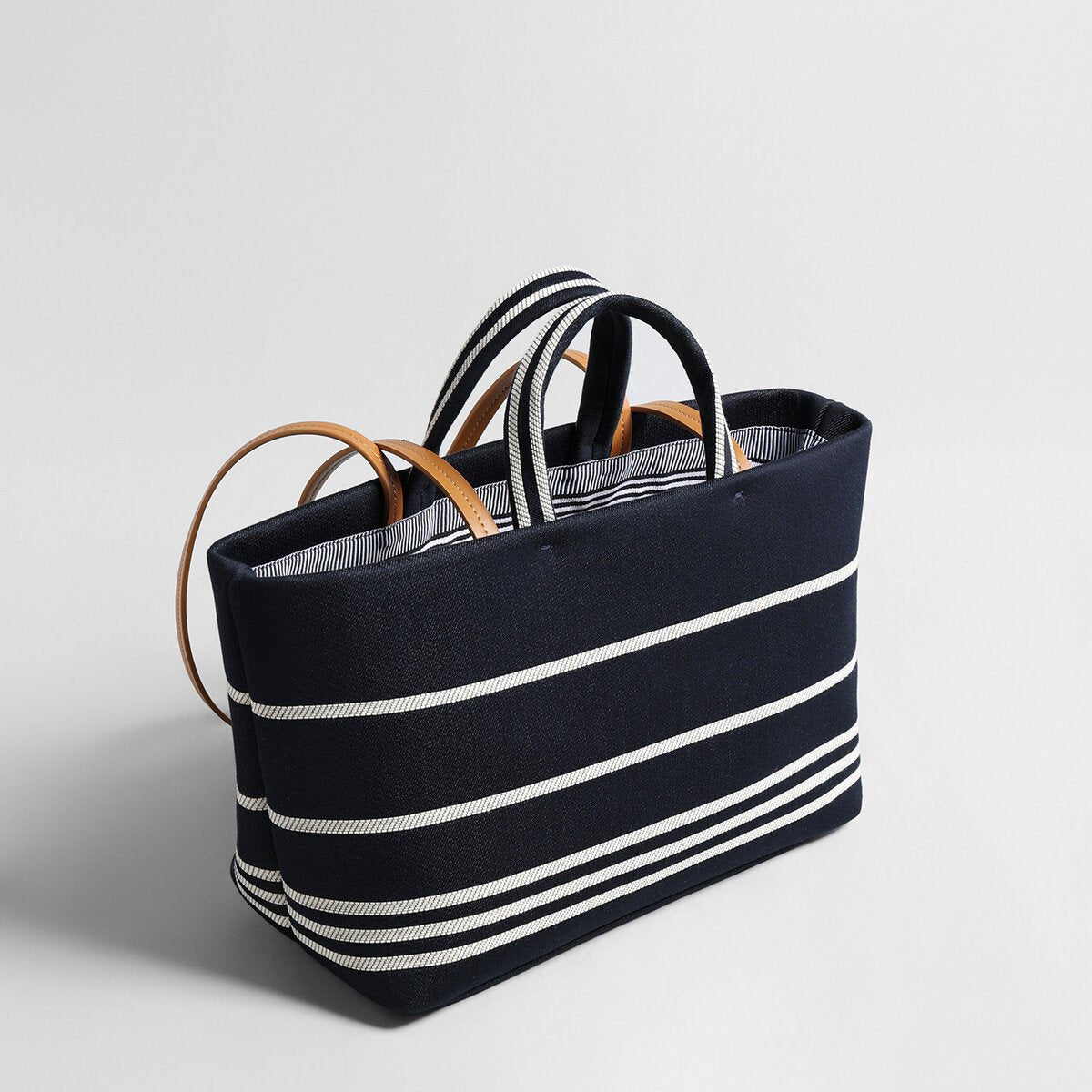 Nautical Striped Canvas Tote Bag – Navy Denim Leather Trim Oversized Shoulder Tote