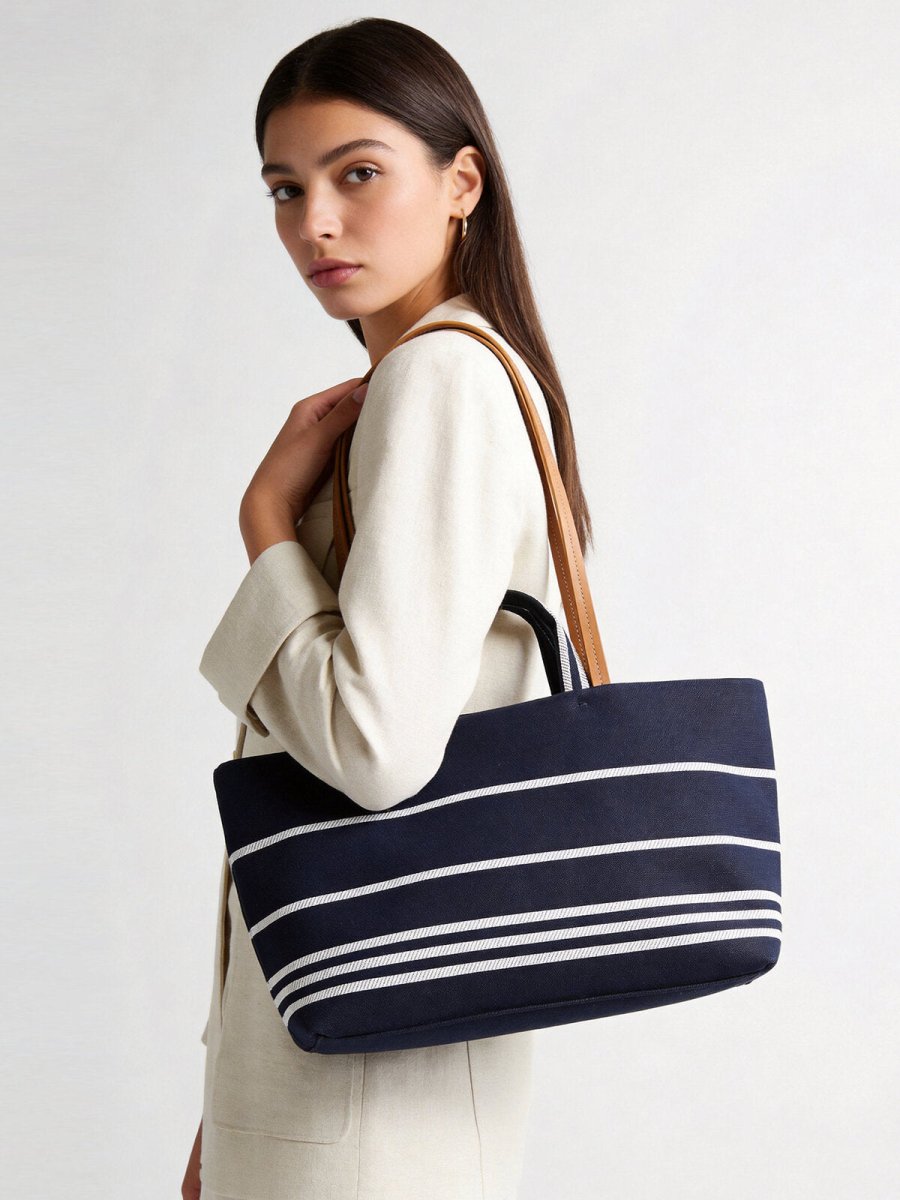 Nautical Striped Canvas Tote Bag – Navy Denim Leather Trim Oversized Shoulder Tote