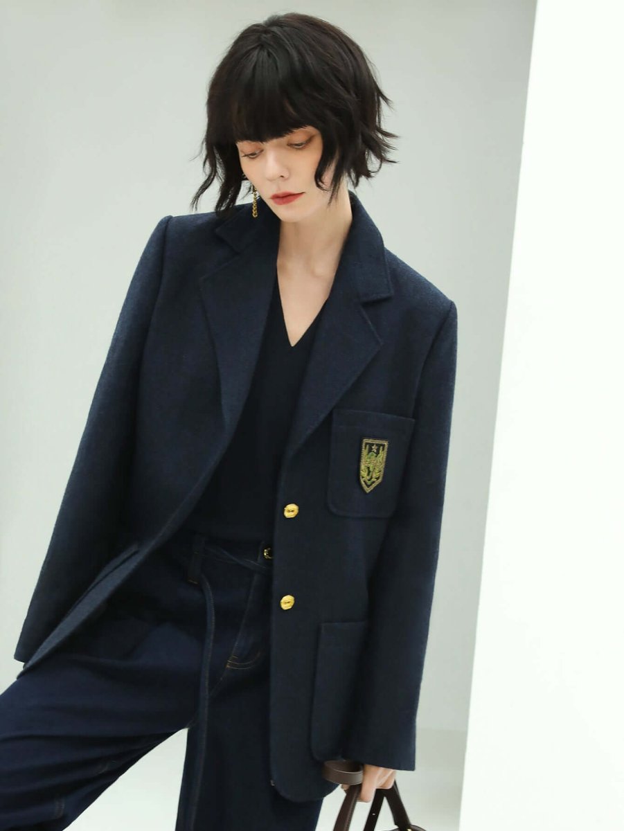 navy double button british style college coat all navy 2