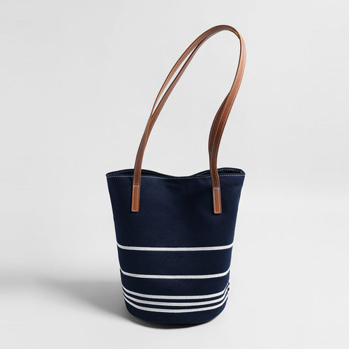 Navy Striped Canvas Bucket Tote – Nautical Shoulder Bag with Leather Straps