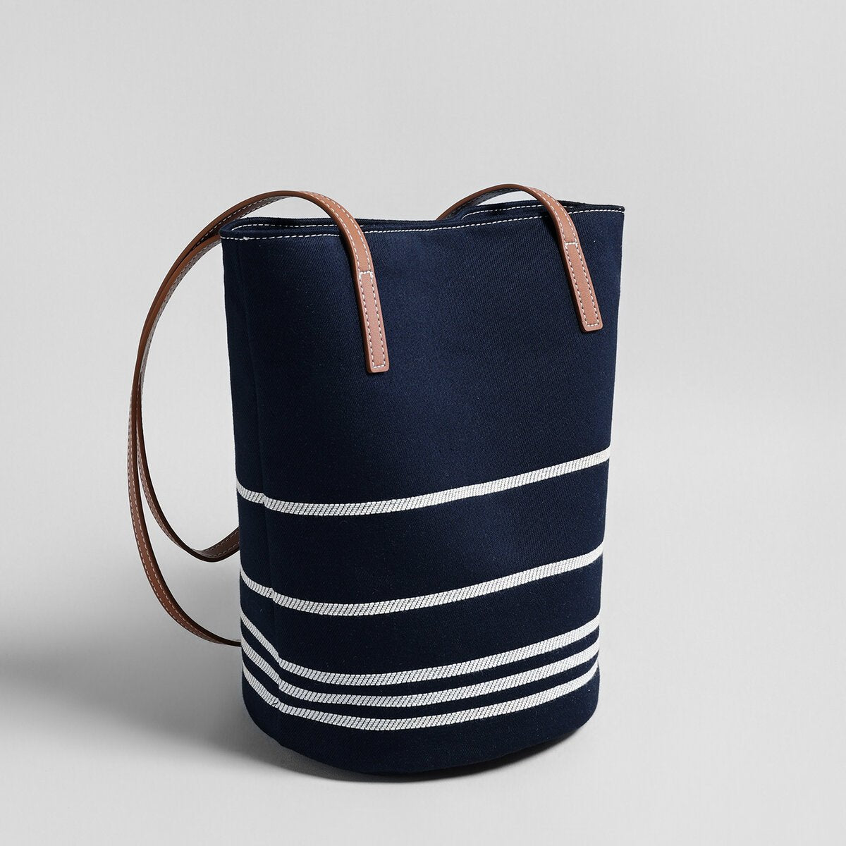 Navy Striped Canvas Bucket Tote – Nautical Shoulder Bag with Leather Straps