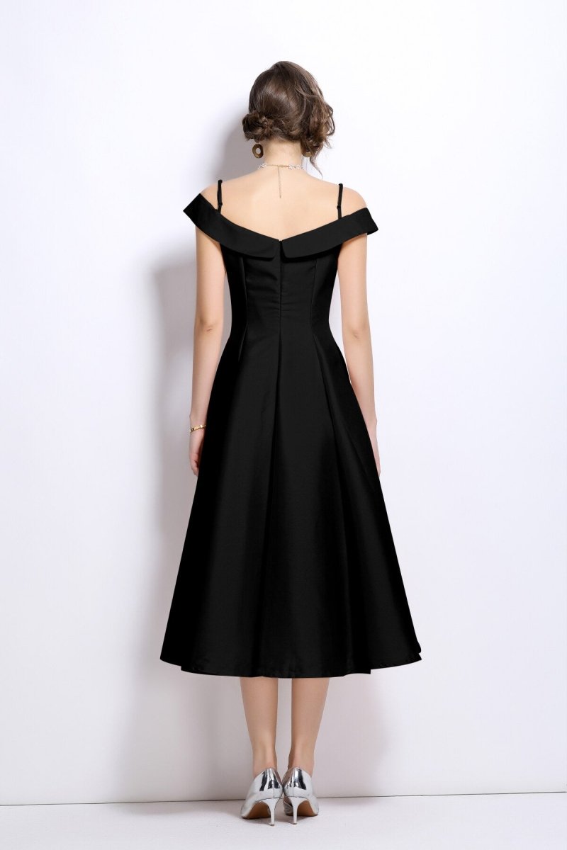 off shoulder sweetheart neckline calf length dress all black 4