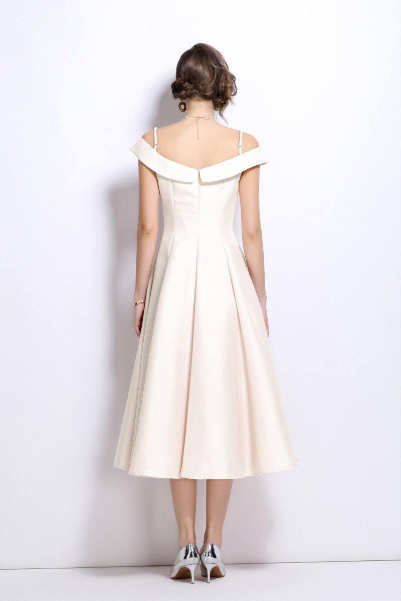 off shoulder sweetheart neckline calf length dress all ivory 4