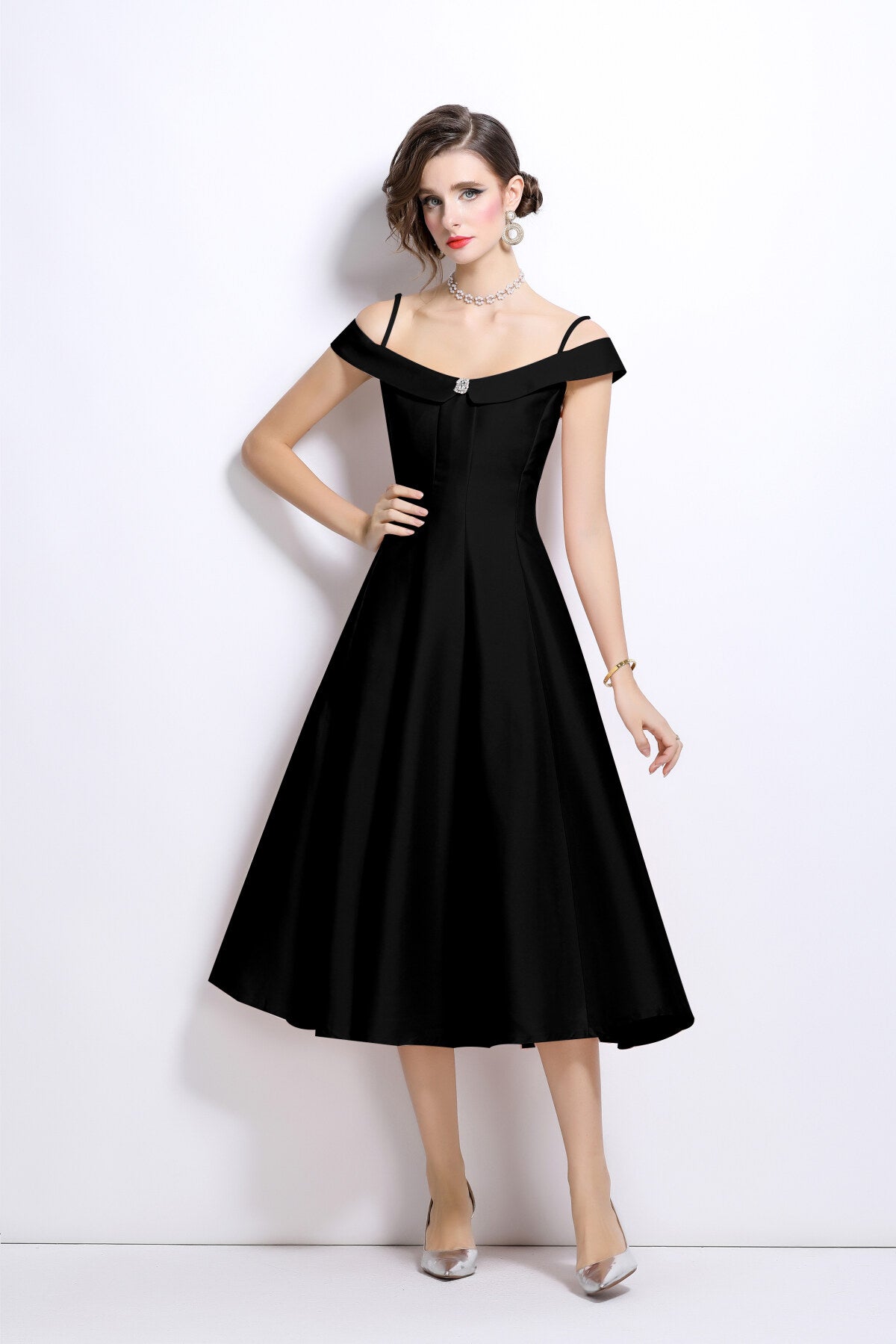off shoulder sweetheart neckline calf length dress all black 1