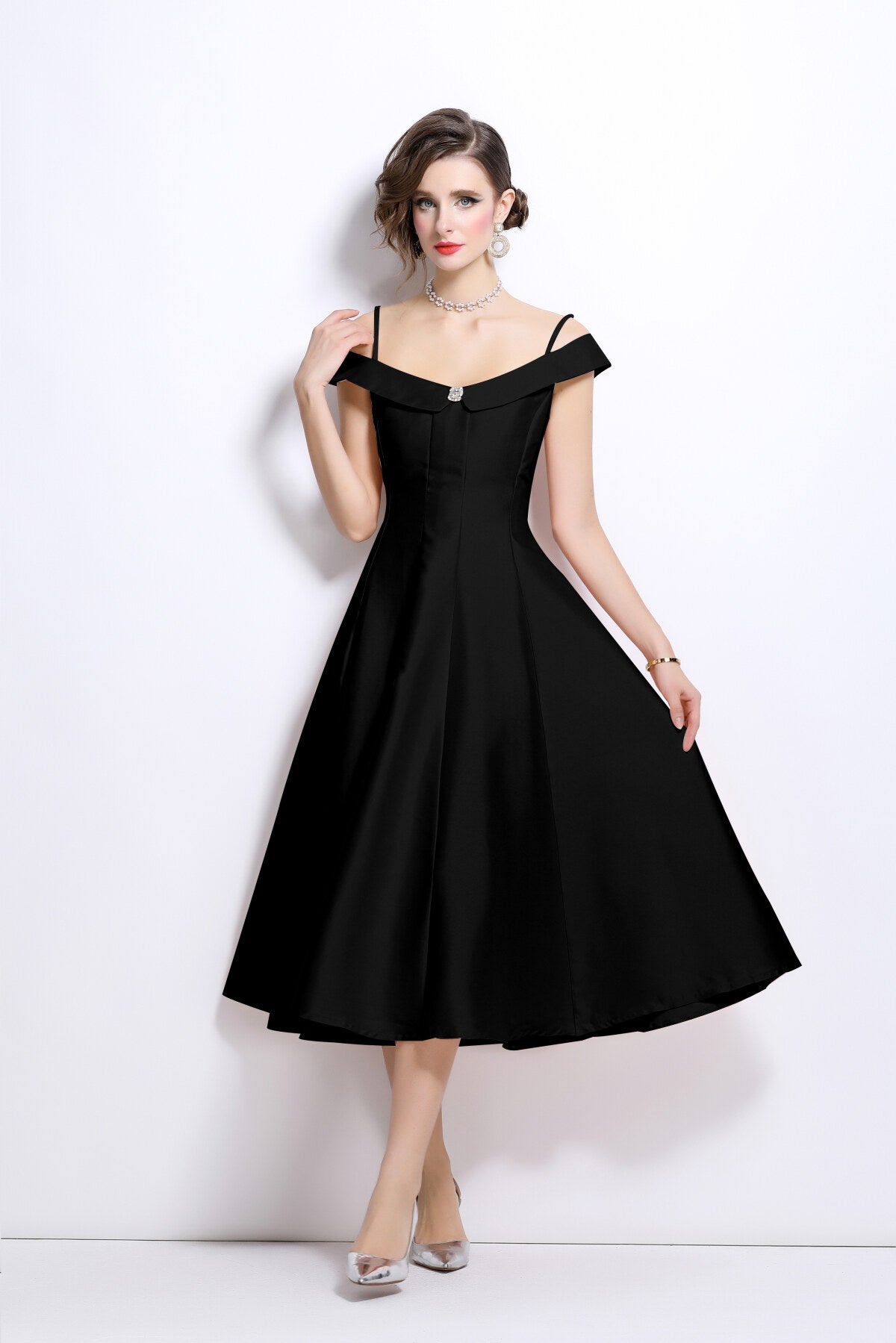 off shoulder sweetheart neckline calf length dress all black 2