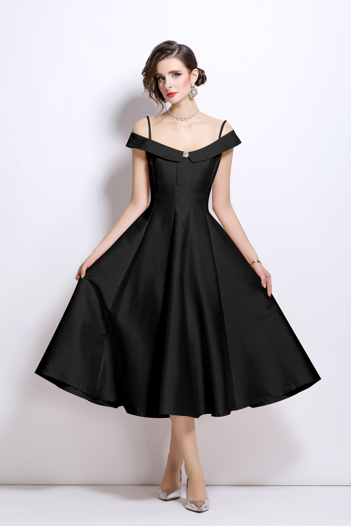 off shoulder sweetheart neckline calf length dress all black 3