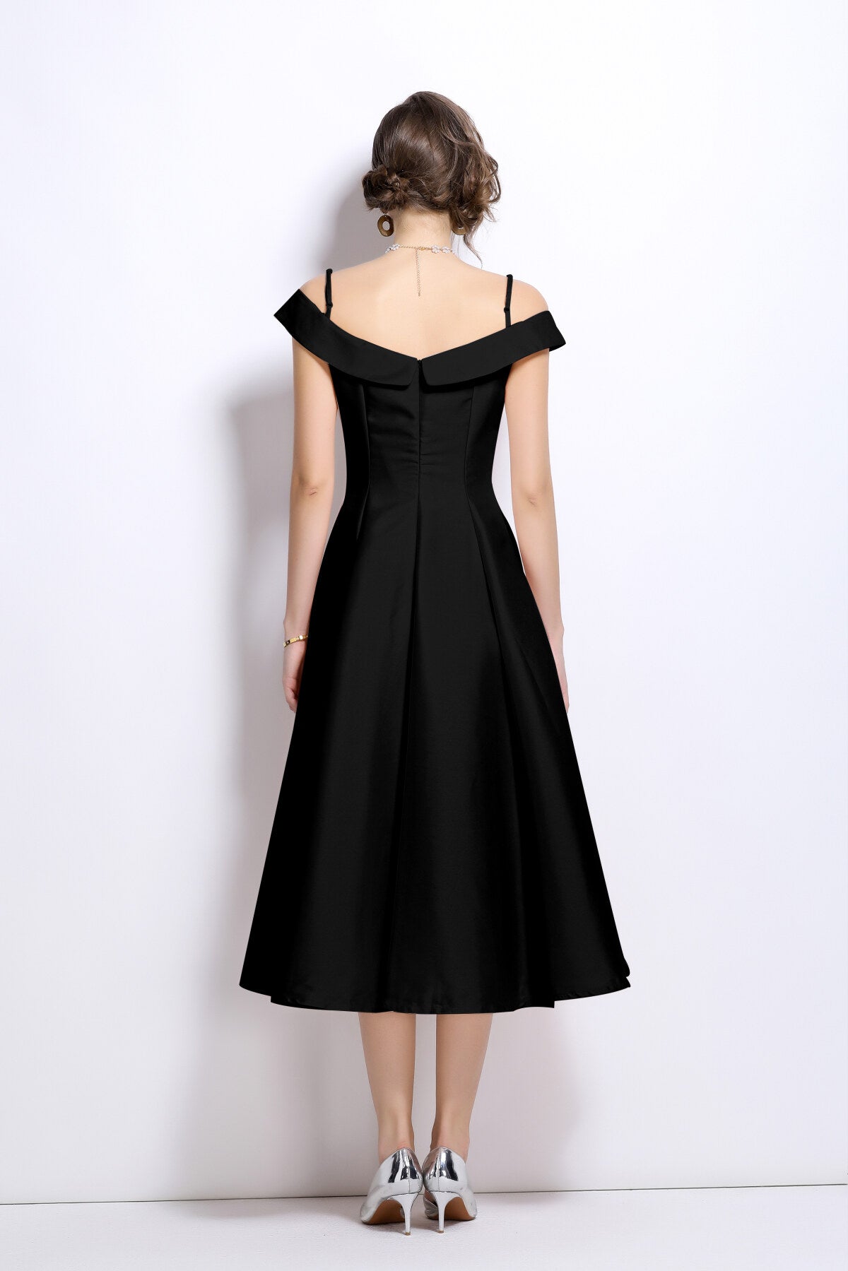 off shoulder sweetheart neckline calf length dress all black 4