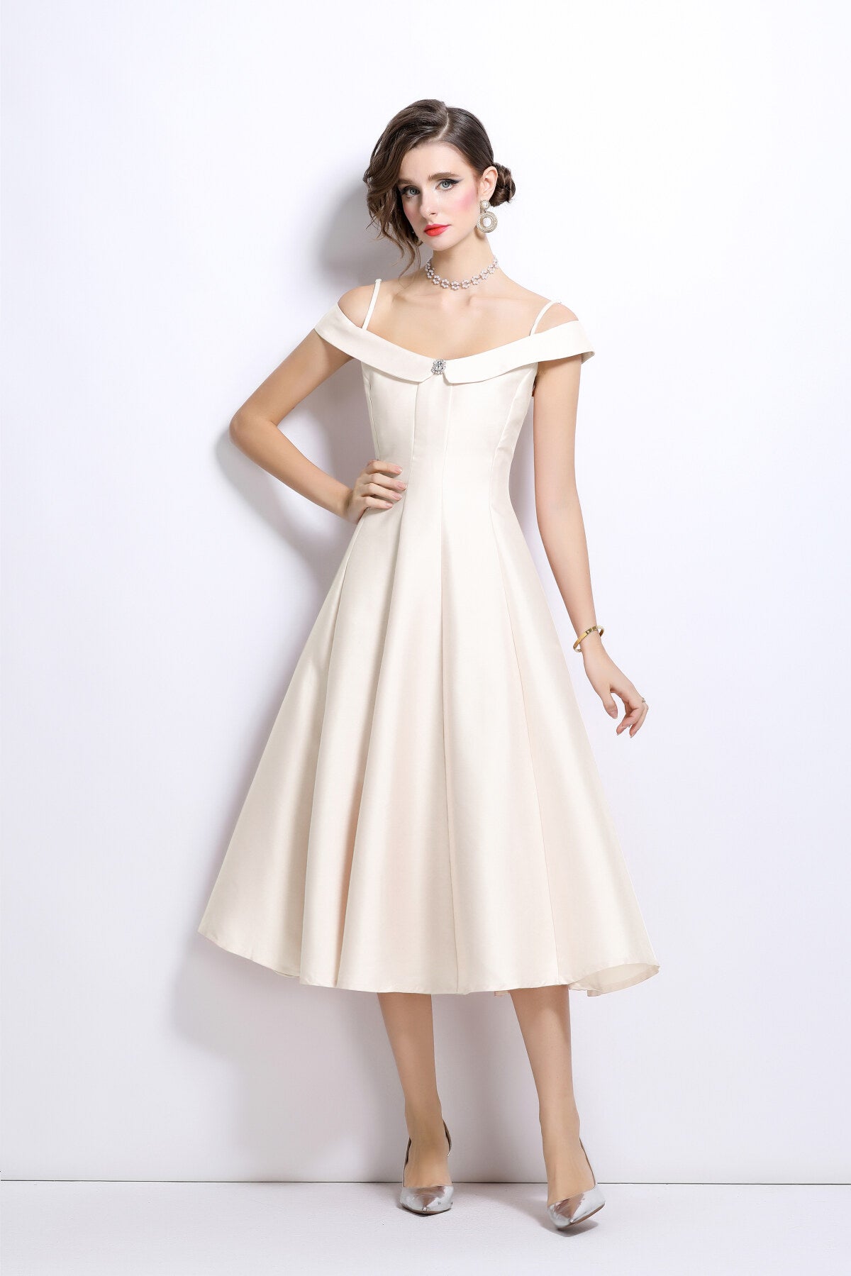 off shoulder sweetheart neckline calf length dress all ivory 1