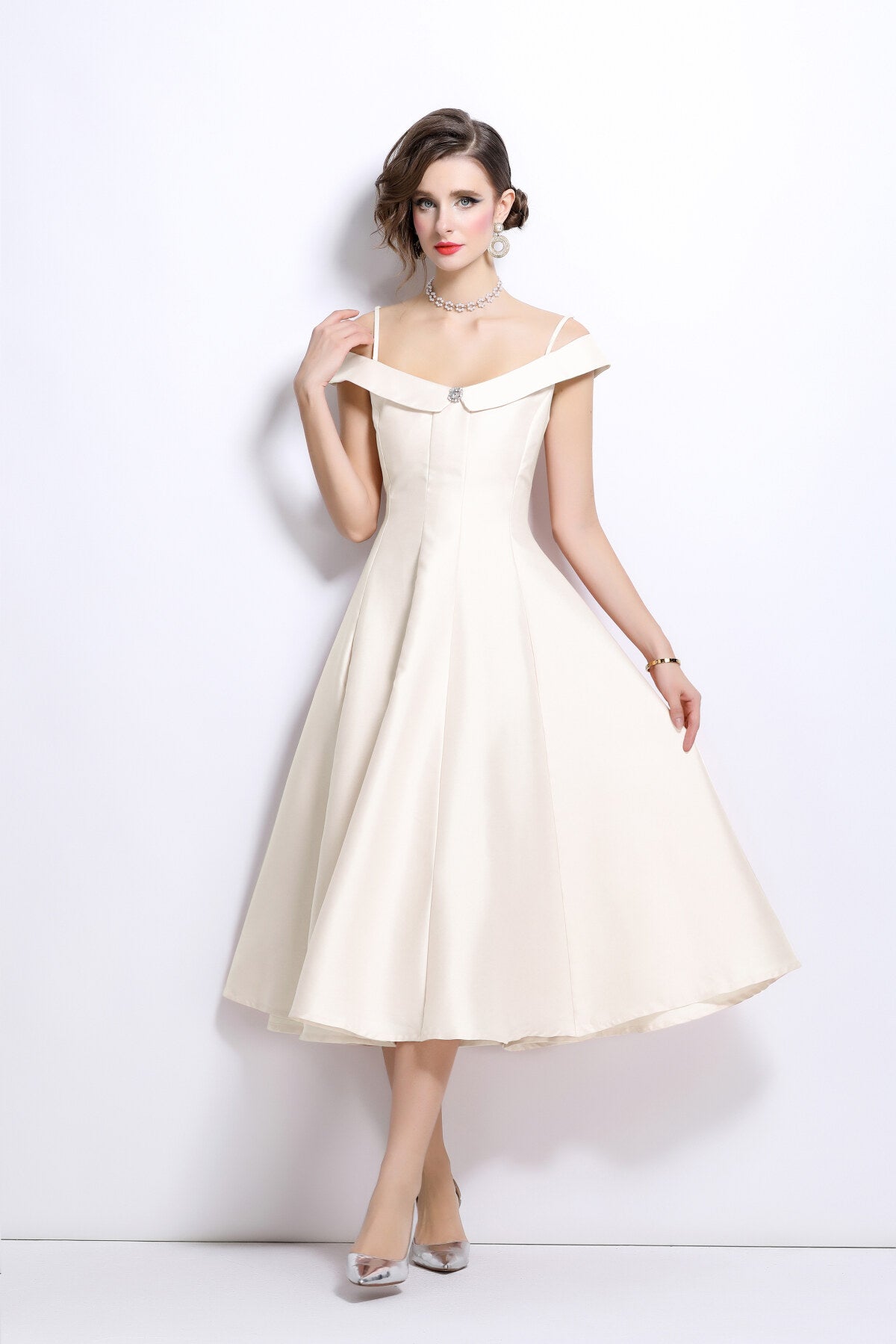 off shoulder sweetheart neckline calf length dress all ivory 2