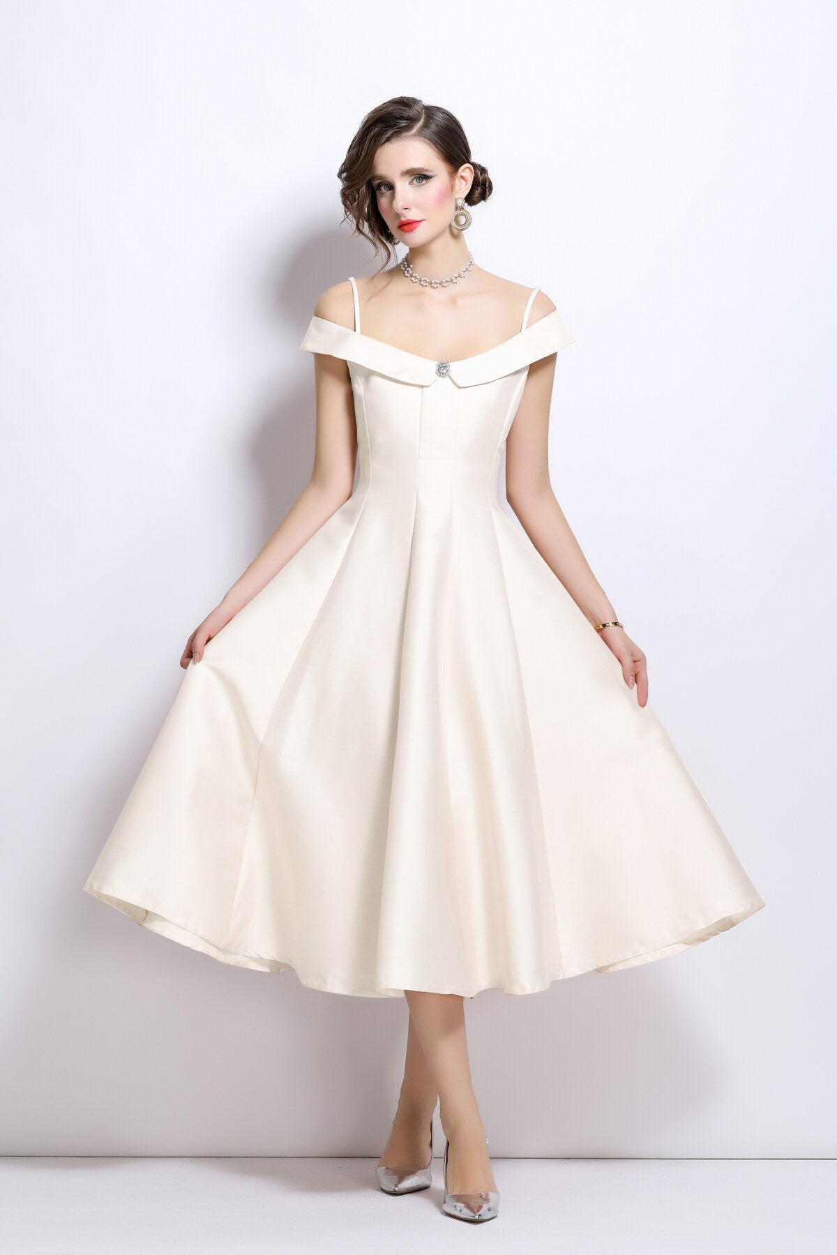 off shoulder sweetheart neckline calf length dress all ivory 3