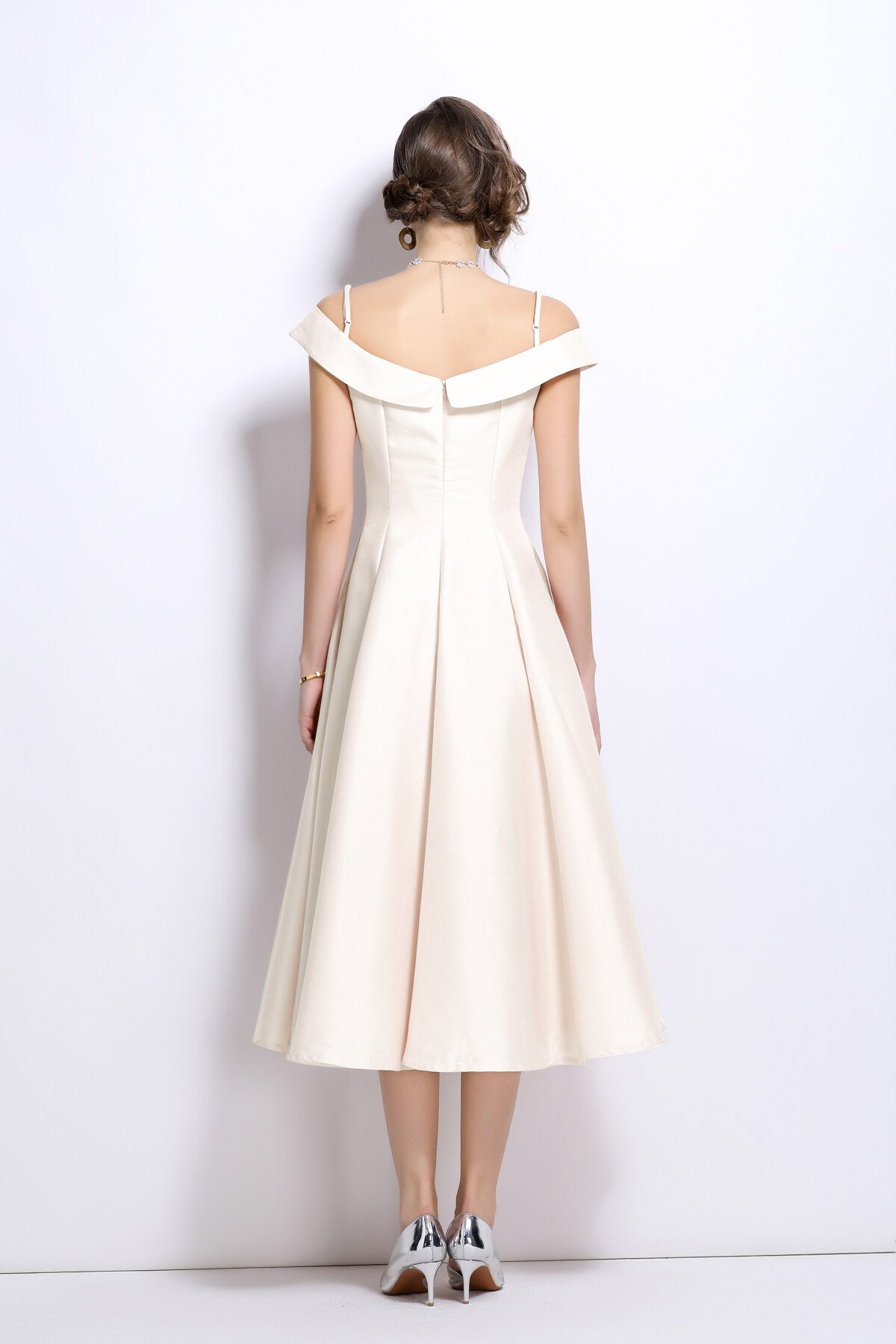 off shoulder sweetheart neckline calf length dress all ivory 4