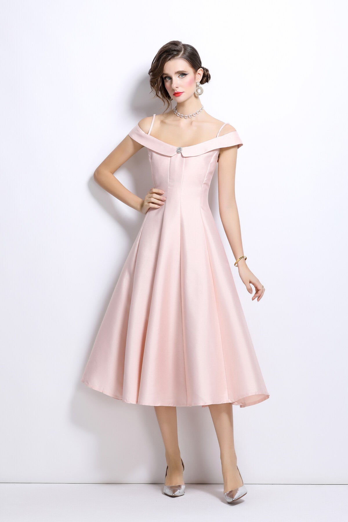 off shoulder sweetheart neckline calf length dress all pink 1
