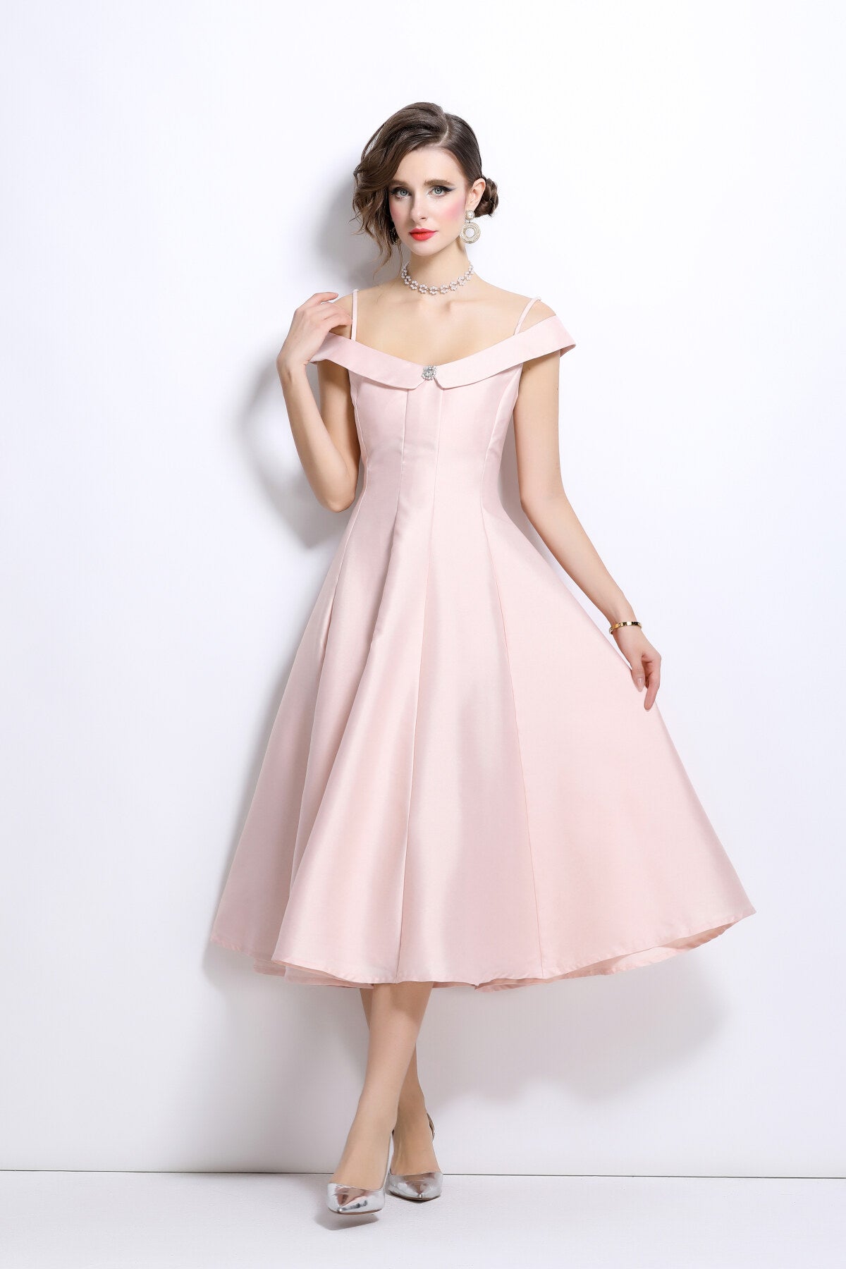 off shoulder sweetheart neckline calf length dress all pink 2