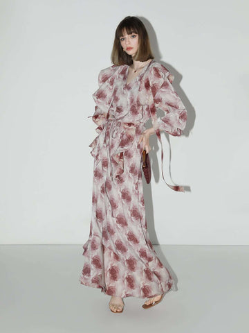 Old Rose Floral Ruffled Maxi Dress