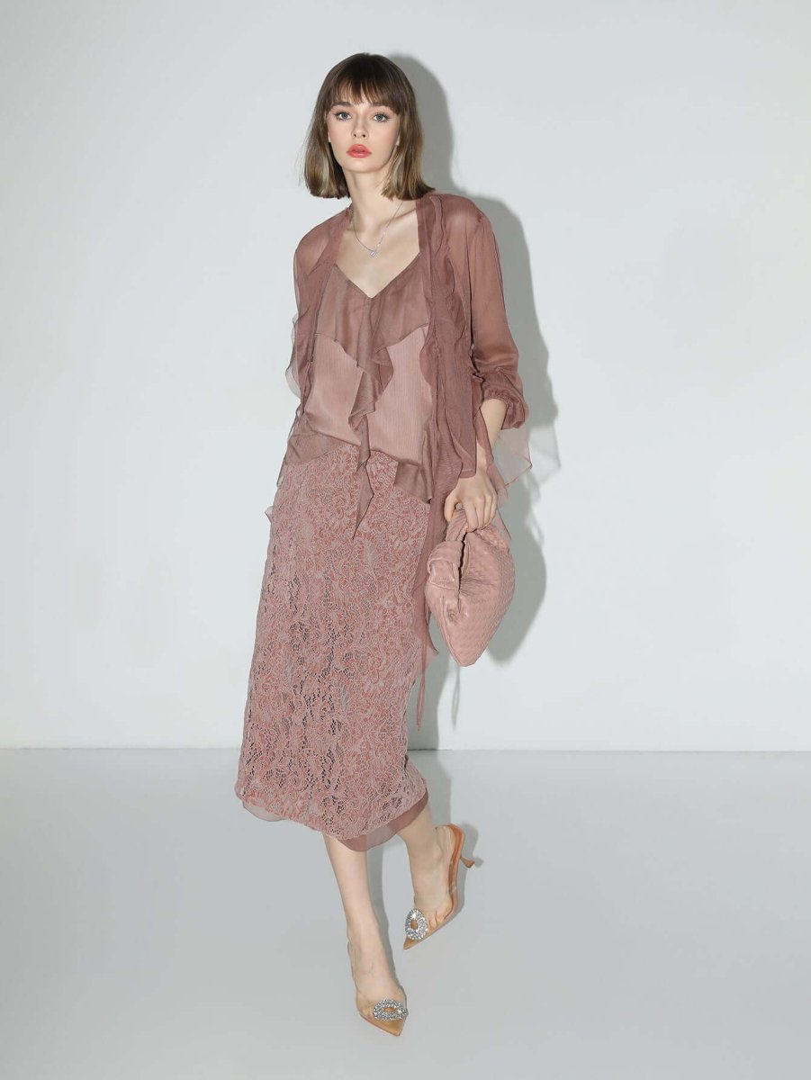 Old Rose Silk Velvet Lace Embroidered Below The Knee Skirt - 0cm