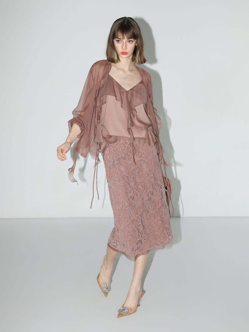 old rose silk velvet lace embroidered below the knee skirt all redbean 1