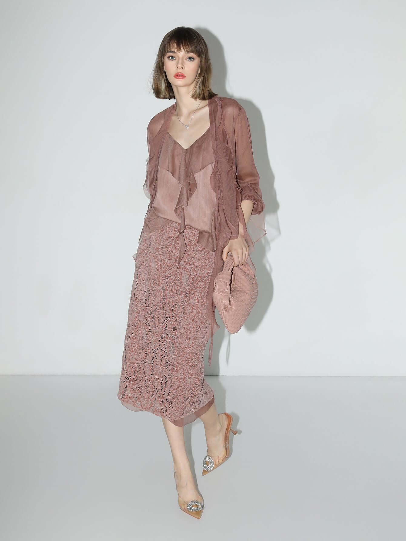 old rose silk velvet lace embroidered below the knee skirt all redbean 2