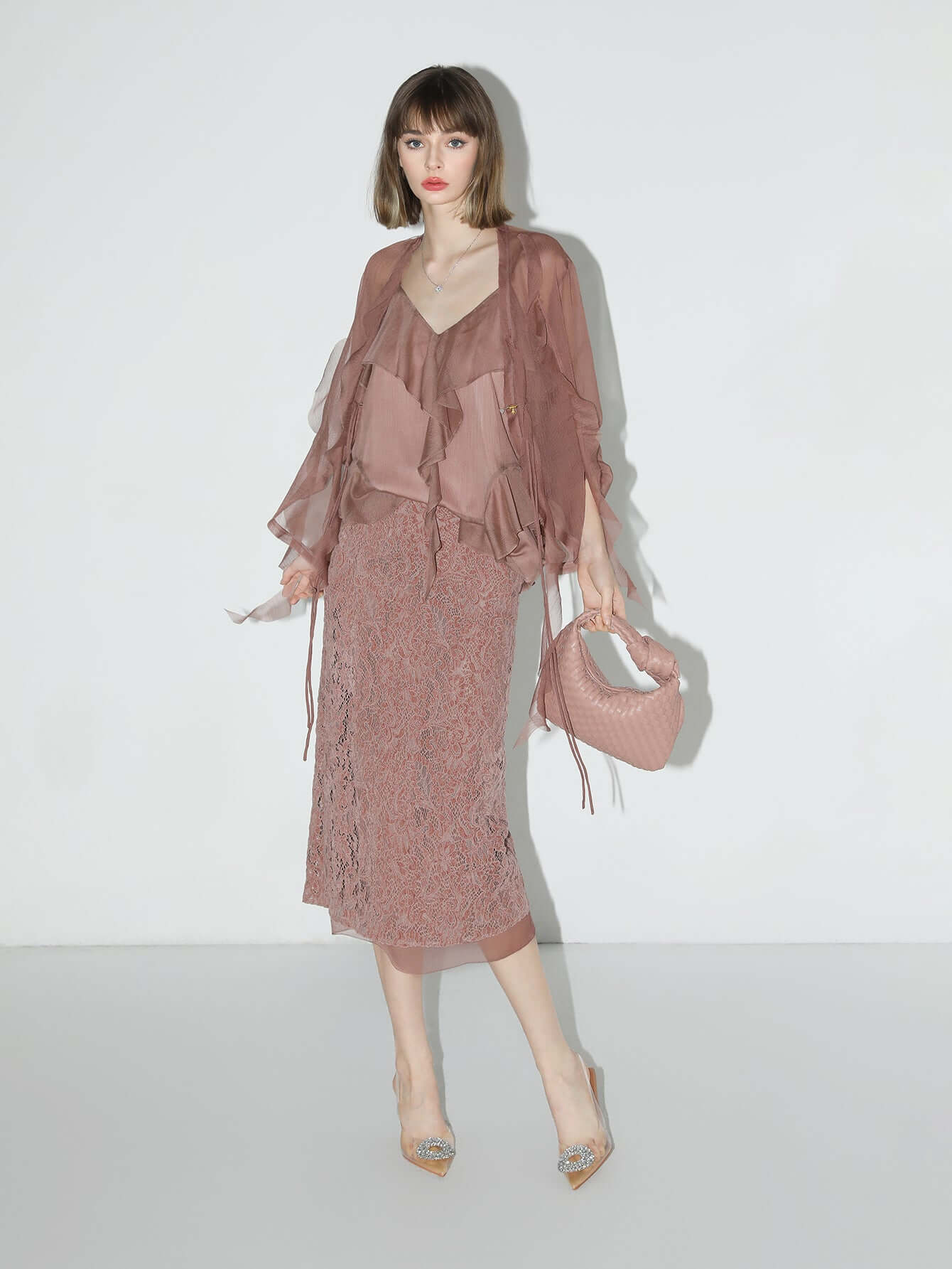 old rose silk velvet lace embroidered below the knee skirt all redbean 3