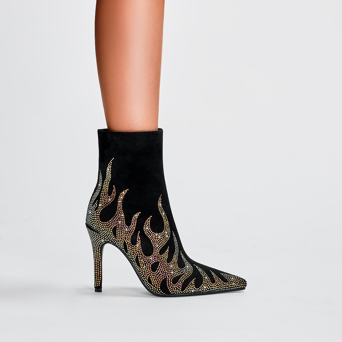 Ombré Crystal Flame Pointed Toe Stiletto Ankle Boots