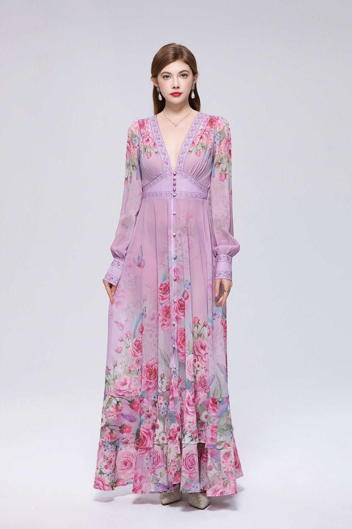 Ombre Rose & Butterfly Maxi Dress
