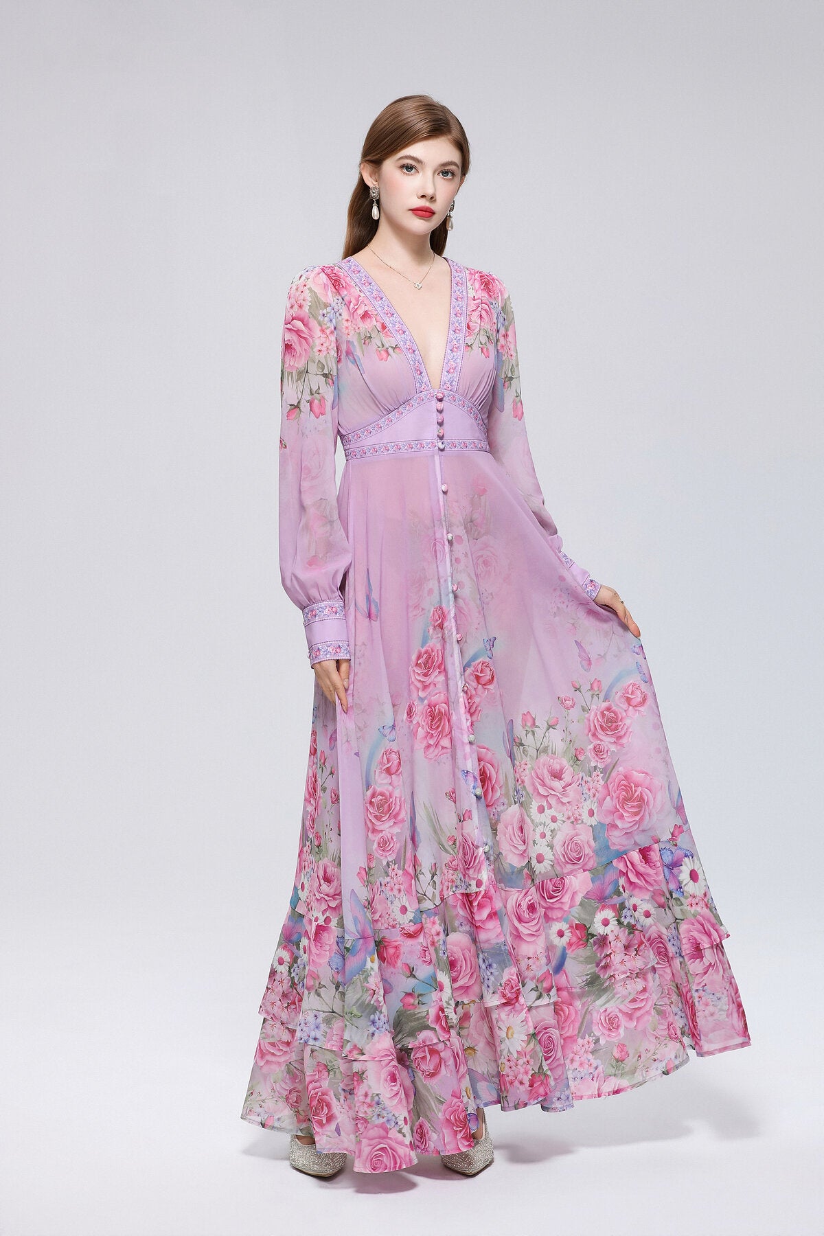 Ombre Rose & Butterfly Maxi Dress