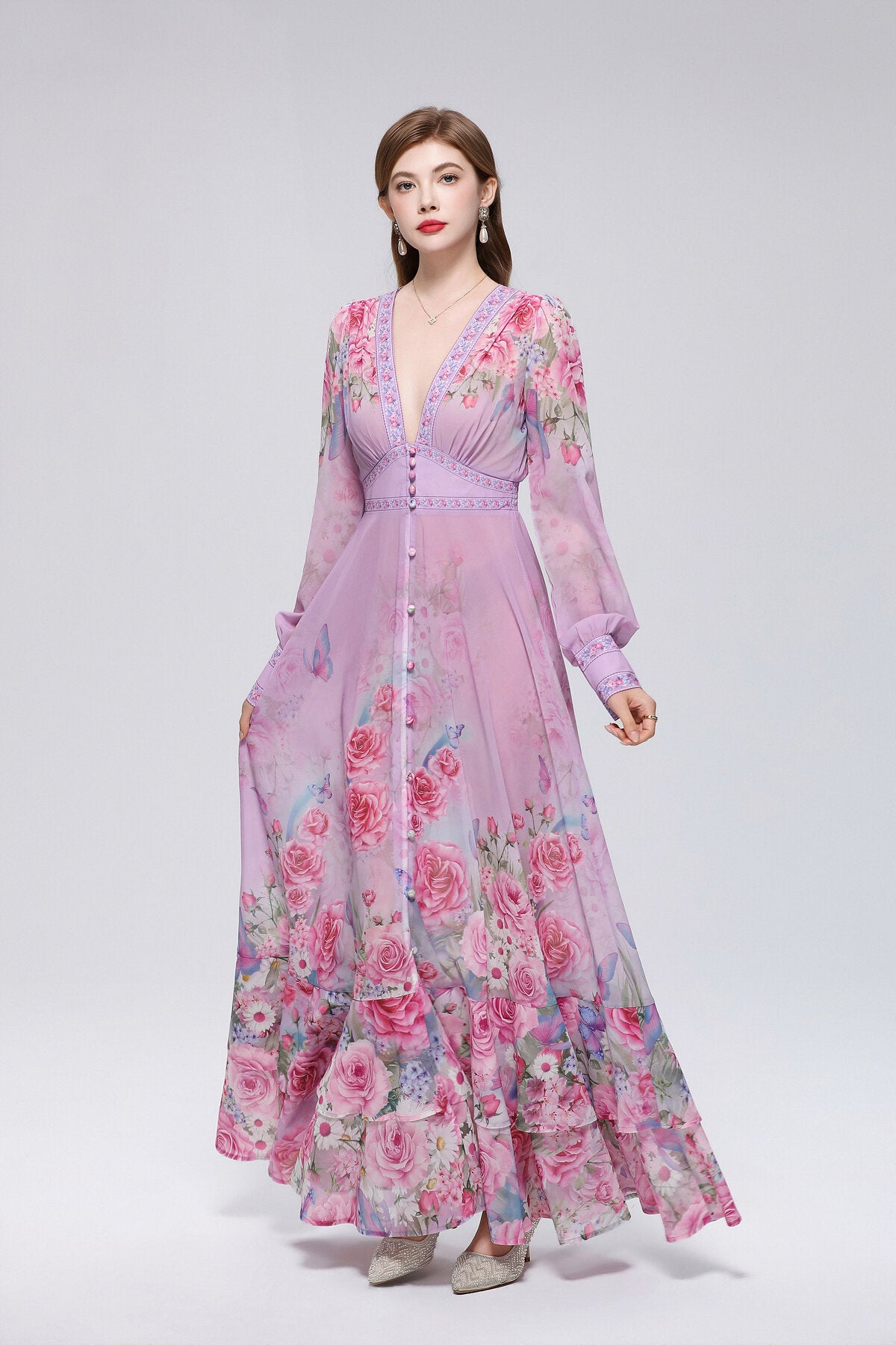Ombre Rose & Butterfly Maxi Dress