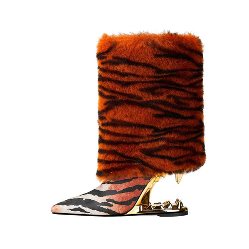 Orange Tiger Fur Wrap Bite Heel Ankle Boots - 0cm
