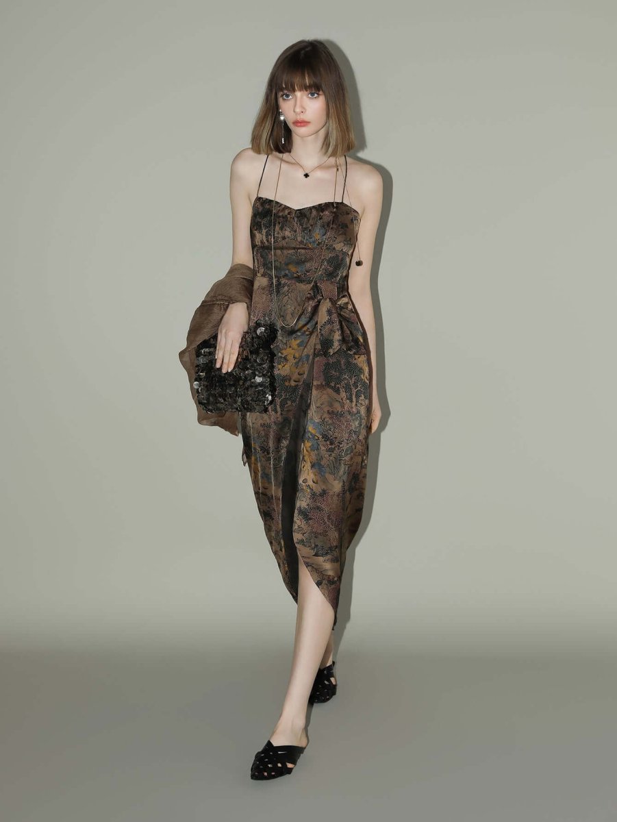 oriental gold ruched satin print slip dress all brown 1