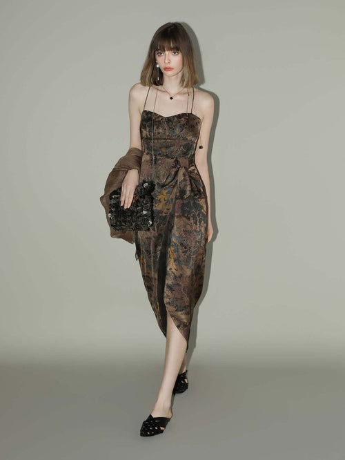 oriental gold ruched satin print slip dress all brown 1