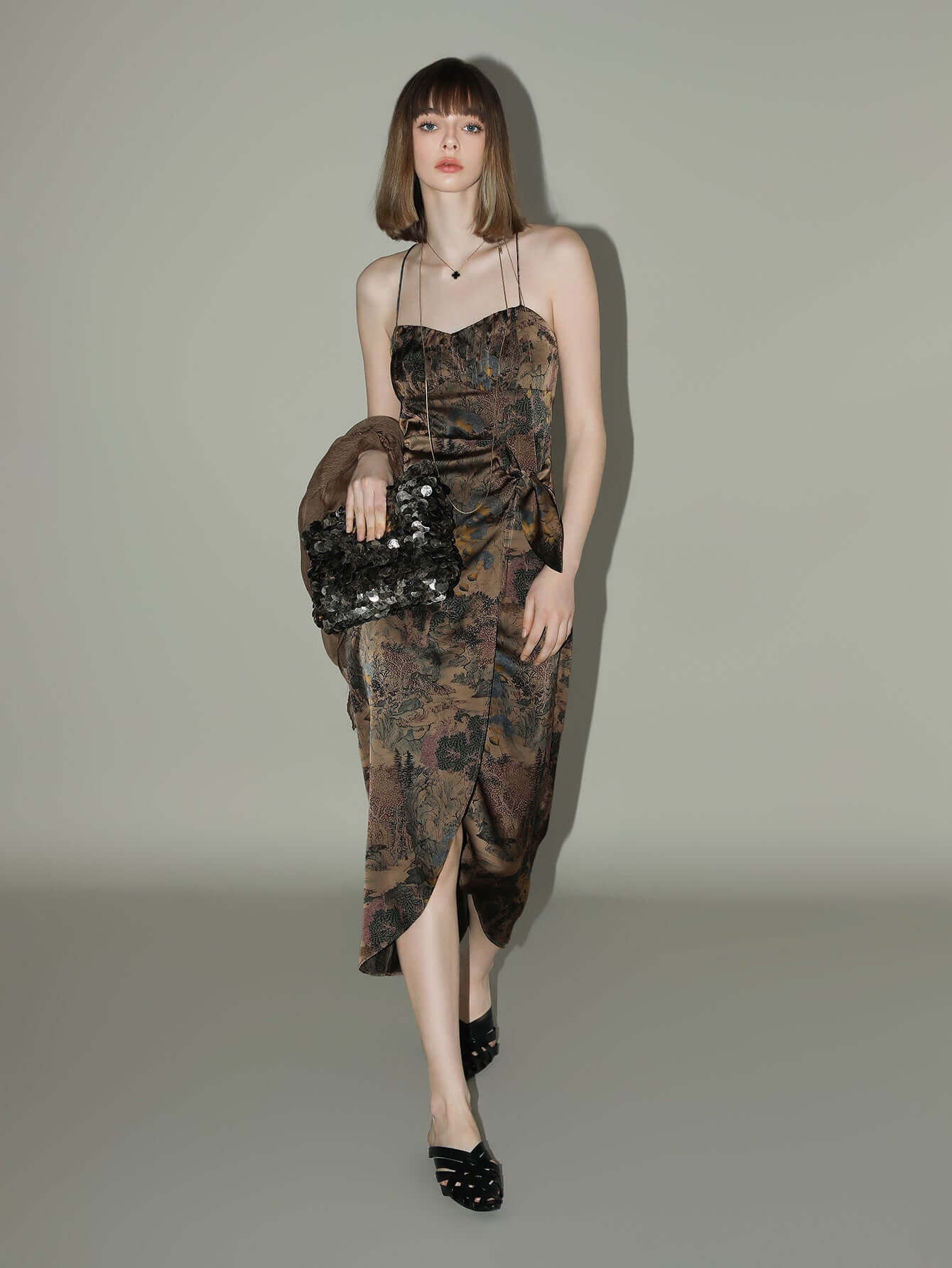 oriental gold ruched satin print slip dress all brown 2