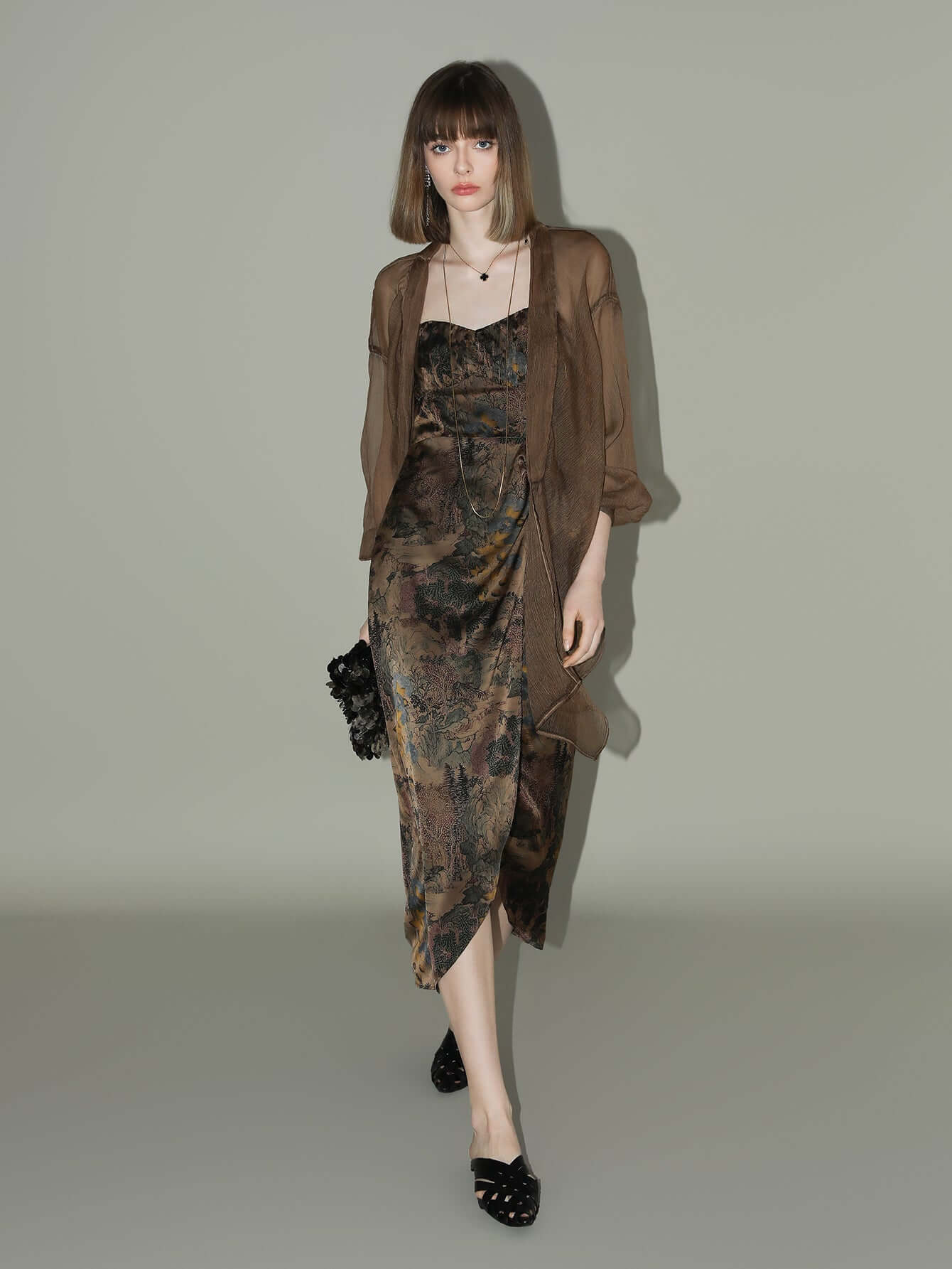 oriental gold ruched satin print slip dress all brown 3