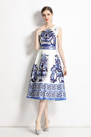 Oriental Printed Slim Fit Midi Dress